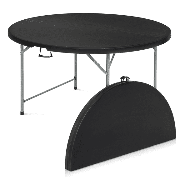 Bezt 5-Foot Round Bi-Fold Plastic Table with Metal Frame, 60-Inch Foldable Desk for Indoor and Outdoor Use, Black