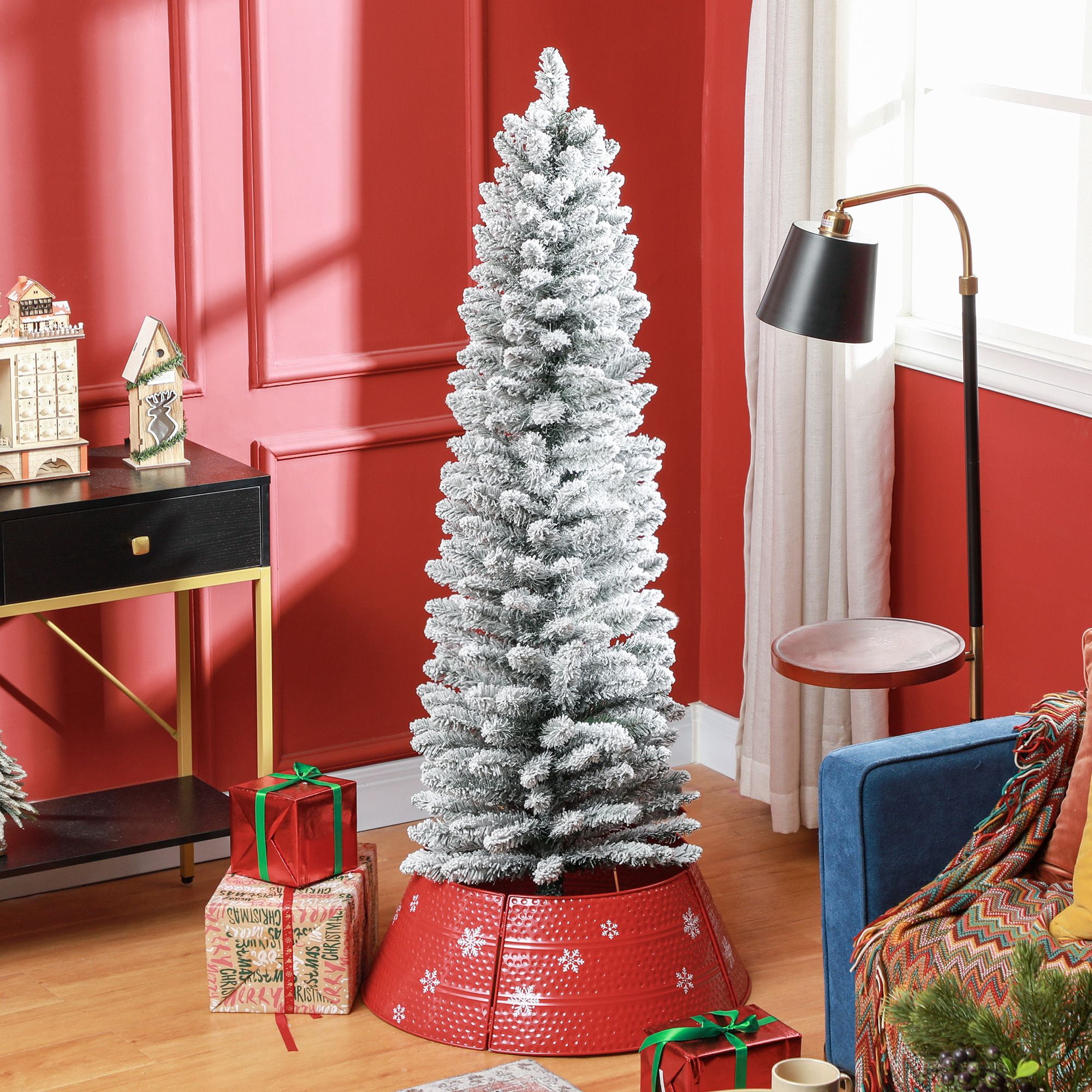 5 ft Artificial Christmas Tree with Snow Flocked Branches, Pencil Design, Metal Base, 263 Tips, Indoor Holiday Decoration