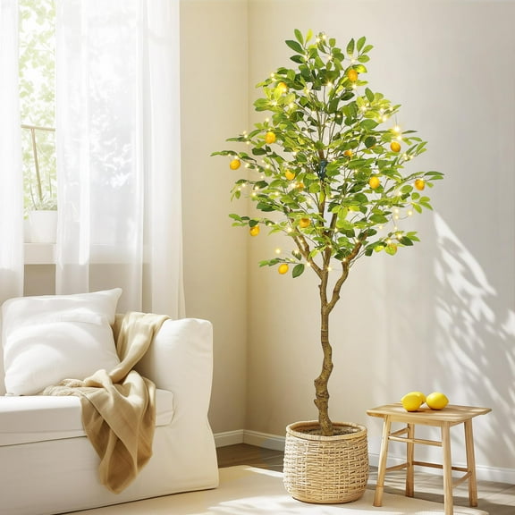 5 ft Artificial Lemon Tree Indoor, Pre Potted Faux Tree with Realistic Fruits & 100 Lighted Tree, Fake Tree for Home Decor; Artificial Plants Indoor for Office,Home,Living Room