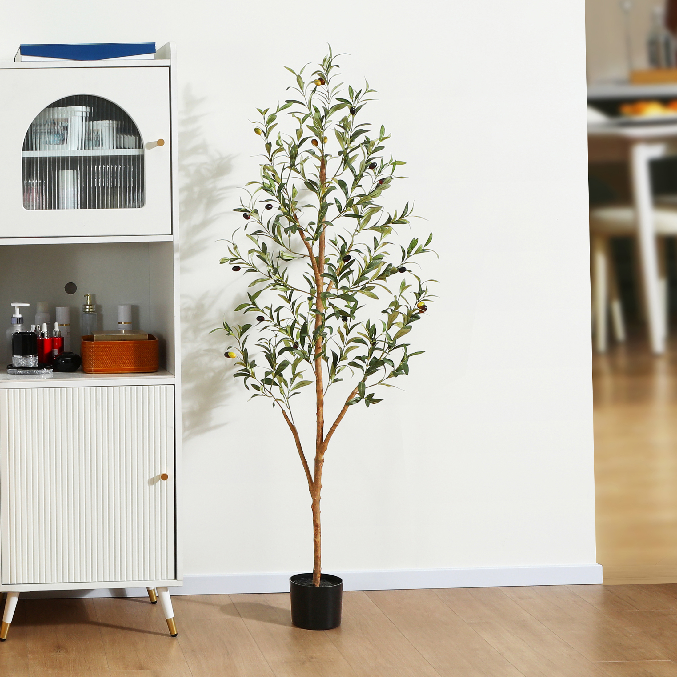 5 ft Artificial Olive Plants with Realistic Leaves and Natural Trunk, Silk Fake Potted Tree with Wood Branches and Fruits, Faux Olive Tree for Office