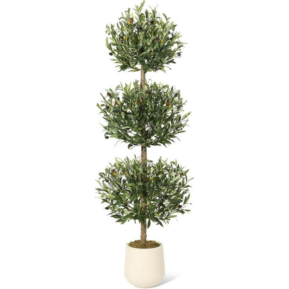 5 ft Artificial Olive Tree, Triple Ball Topiary Faux Plant with Moss & Pot, Outdoor Indoor Realistic Fake Shrubs Trees, Round Bushes Fake Shrubs Potted for Home Offices Porch Decor, Set of 1