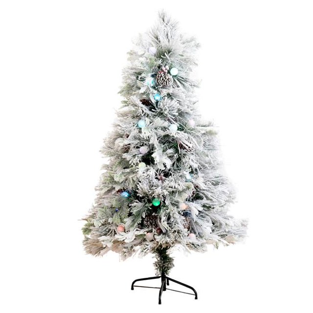 5 Ft Flocked Pre Lit Green Fiber Optic Artificial Pinecone And Berries Christmas Tree With 50 