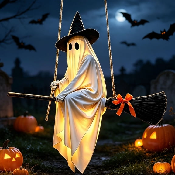 5 ft Lighted Flying Ghost on Witch Broom, Multi Light Modes Adjustable with Remote Control, Spooky Cute Night Light Halloween Hanging Decorations for Outdoor Front Porch Yard Tree