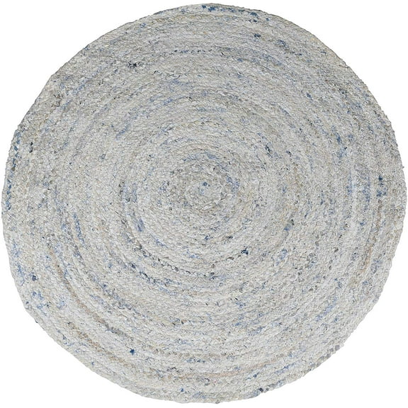 5 ft Natural White & Blue Round Rug for Living Room - Braided Distressed Bleached Denim Cotton Non-slip Reversible Chindi Handwoven Area Rug by MystiqueDecors - 5'