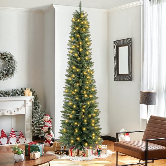 Makeatree 5 ft Pre-Lit Pencil Christmas Tree, Slim Spruce Holiday Decoration with Incandescent Lights, Metal Hinges & Foldable Base