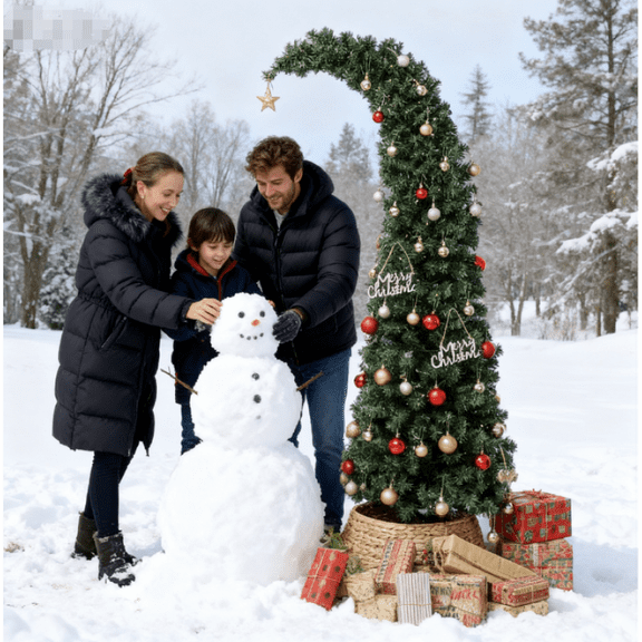 5 ft Prelit Bent Top Christmas Tree, Whimsical Xmas Tree Slim High Mountain Fir with 300 LEDs and Metal Stand