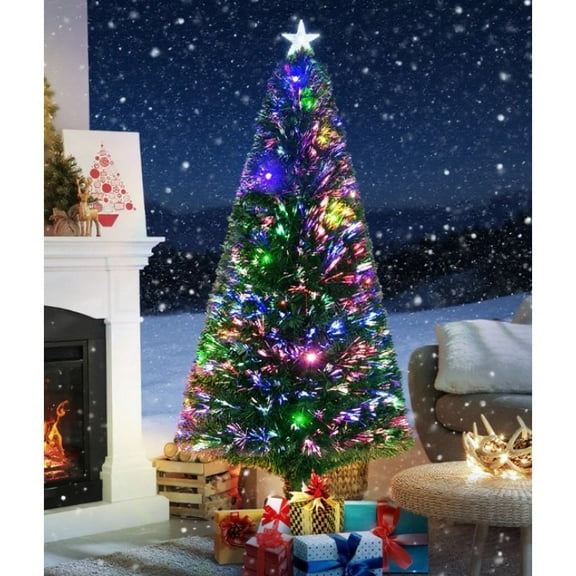 5 ft Prelit Bent Top Christmas Tree, Whimsical Xmas Tree Slim High Mountain Fir with 300 LEDs and Metal Stand