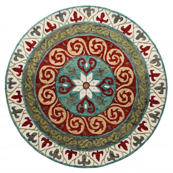 5 ft. Round Red & Sage Medallion Area Rug