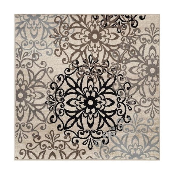 5 ft. Square Floral Medallion Stain Resistant Square Area Rug - Tan - Gray & Black