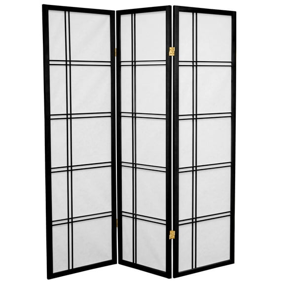 5 ft. Tall Japanese Style Double Cross Lattice Shoji Screen - Black - 3 Panels
