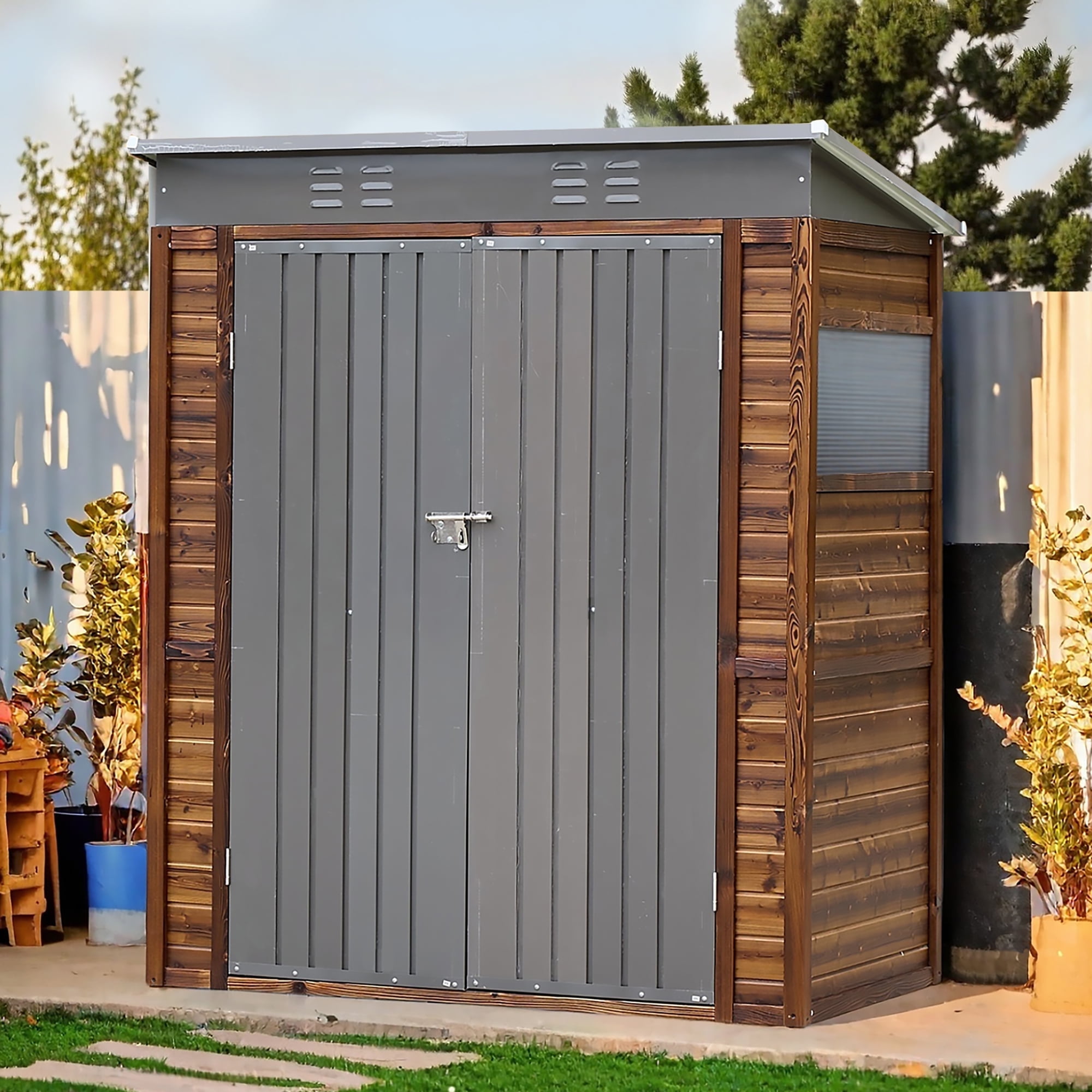 5 ft. W x 3 ft. D Outdoor Iron & Solid Wood Lean-To Tool Storage Shed with Two Doors and Windows