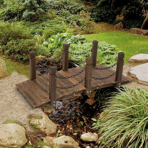 5 ft Wooden Garden Bridge Arc Footbridge with Metal Chain Railings & Solid Fir Construction