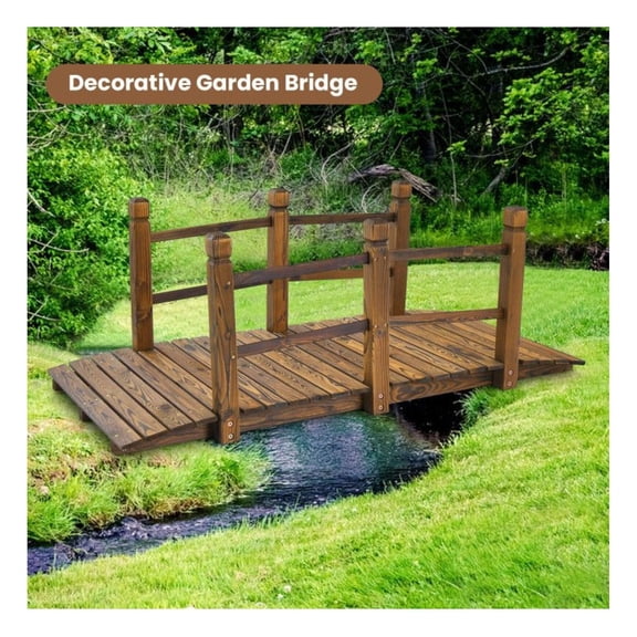 5 ft Wooden Garden Bridge with Rails - Fir Wood Outdoor Decorative Bridge for Backyard, Creek, Landscape - 400 lbs Capacity, Stained Finish