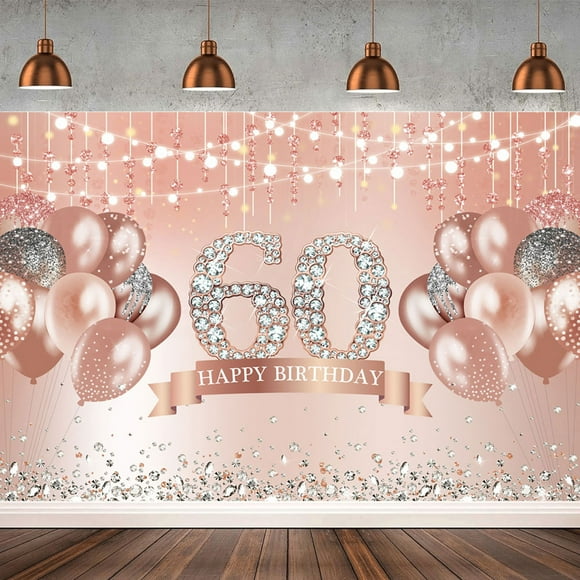 5 ft x 3 ft Happy 60th Birthday Pink Balloon Glitter Diamond Backdrop – Stunning Decoration for 60th Birthday Parties, Ideal for Photos and Memorable Celebrations
