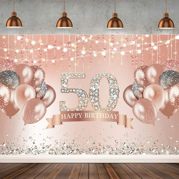 5 ft x 3 ft Rose Gold 50th Birthday Backdrop with Glitter Diamonds and Balloons – Stunning Decoration for 50th Birthday Parties, Ideal for Photo Booths and Celebrations