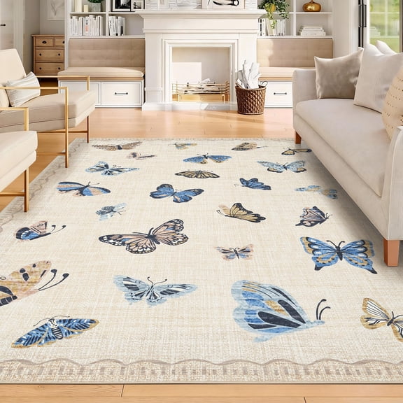 5 ft x 7 ft Modern Butterfly Pattern Washable Area Rug, No-Slip Low-Pile Design, Under-Bed Carpet for Living Room, Bedroom & Dining Room, Khaki