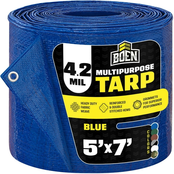 BOEN Multi-Purpose Poly Tarp, 5 ft x 7 ft, 4.2 Mil Thick, Blue