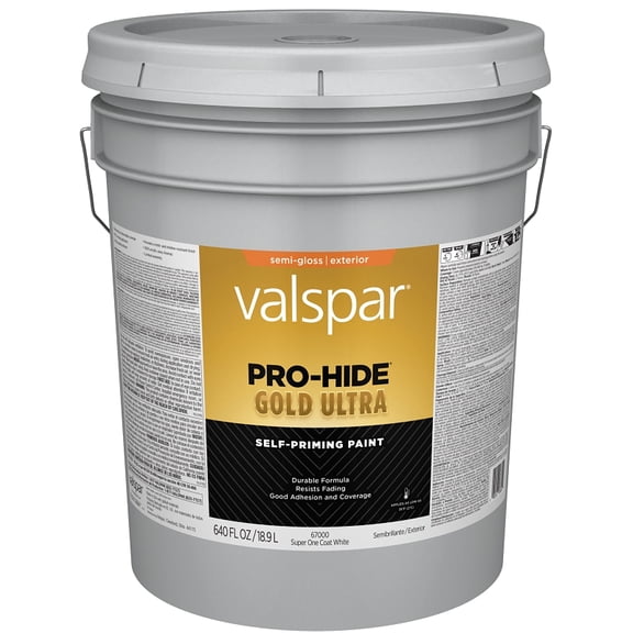 5 gal Valspar 67000 White Pro-Hide Gold Ultra Exterior Self-Priming Paint, Semi-Gloss