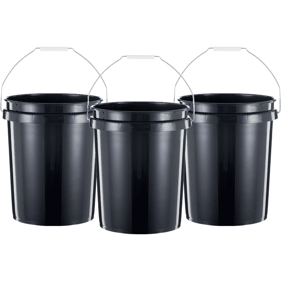 5-gallon heavy-duty plastic buckets with comfortable handles, easy to clean, ideal for home renovations or everyday cleaning; black, 3-pack.