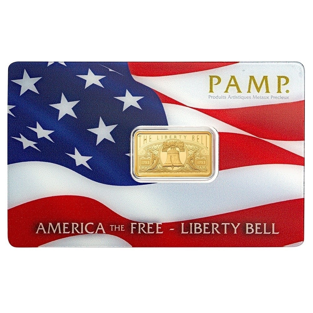 PAMP SUISSE 5 gram .999 Fine Gold Bar PAMP America the Free Liberty Bell - In Assay Card
