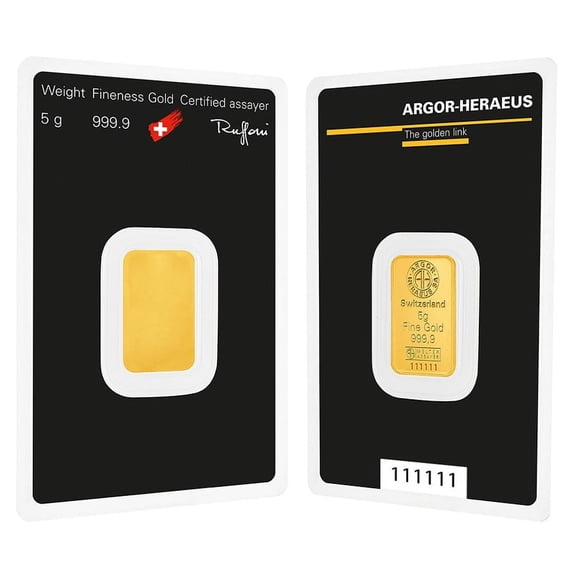 5 Gram Argor Heraeus Gold Bar .9999 Fine (in Assay)