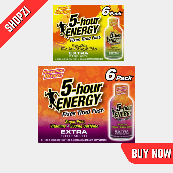 5hour ENERGY Extra Strength Energy Shot Variety Pack, 2 Count (6 Pack Bottles, Peach Mango & Hawaiian Breeze, 1.93 fl oz), SugarFree Performance Drink