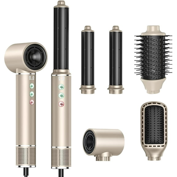 5 in 1 110000 RPM Hair Styler Set: Ionic Dryer, Hot Air Brush, Curling Iron, Straightening Brush, and Oval Brush - Gold