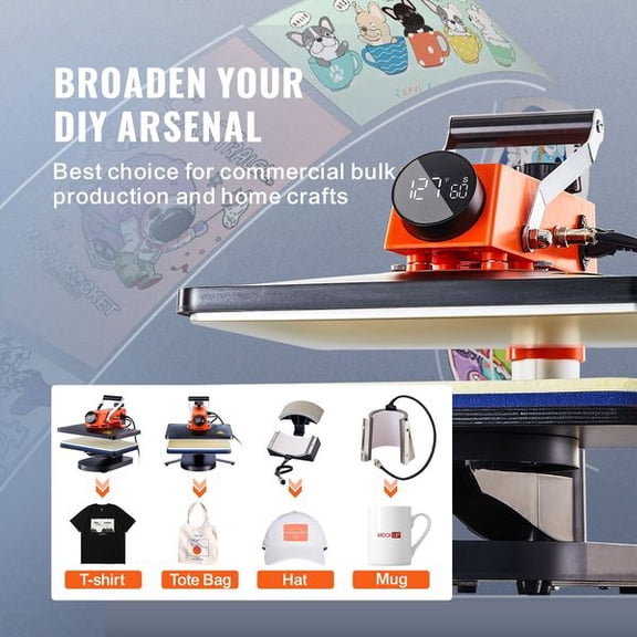 5-in-1 1215in Swing Away Heat Press Machine, Digital Sublimation Transfer for T-Shirt Cap Mug Plate