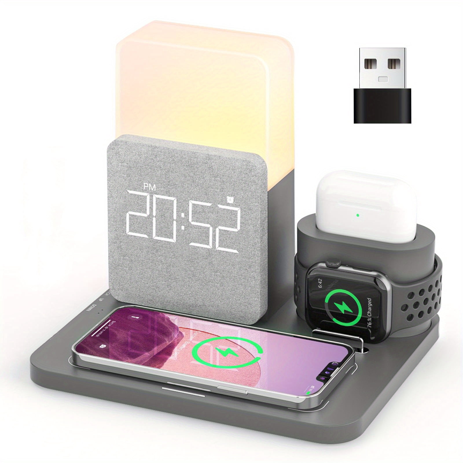 5-in-1 15W Fast Wireless Charging Station for iPhone 16/ 15/ 14/ 13/ 12 Pro/ Max, Apple Watch, AirPods, Samsung - with Night Light, Charging Cable | Home Office Charger Stand for Multiple Devices