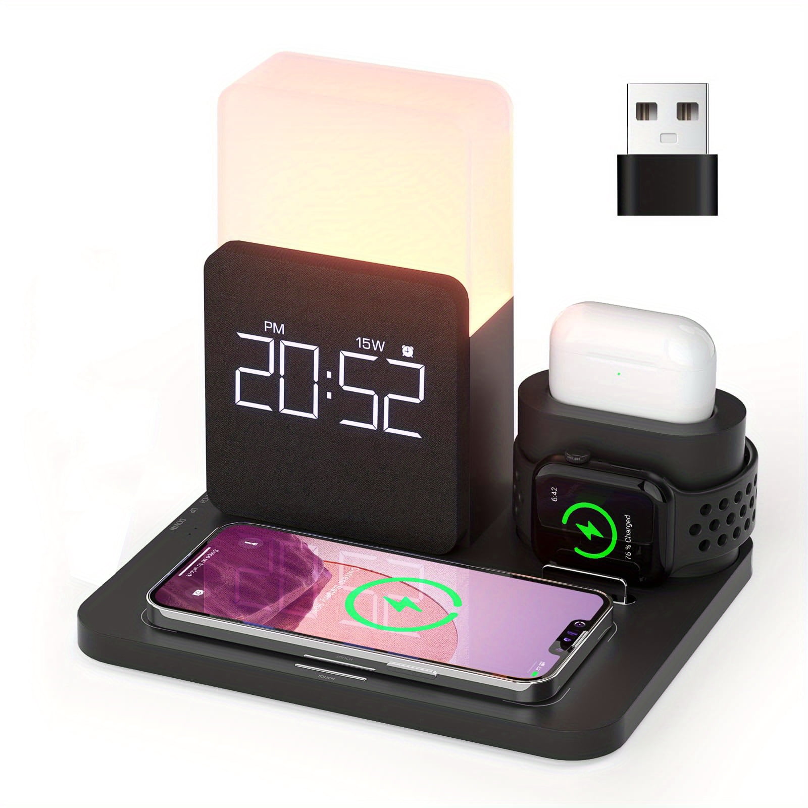 5-in-1 15W Fast Wireless Charging Station for iPhone 16/ 15/ 14/ 13/ 12 Pro/ Max, Apple Watch, AirPods, Samsung - with Night Light, Charging Cable | Home Office Charger Stand for Multiple Devices
