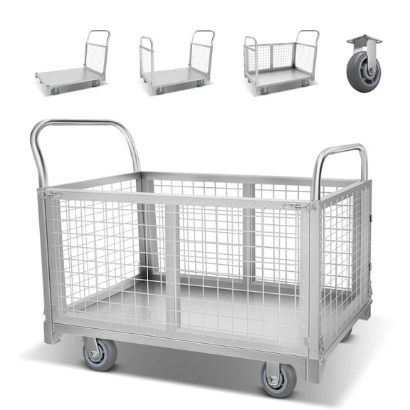 5-in-1 2200 lbs Platform Truck Cart,Multi-Functional Cage Cart with 360 Rotating Wheels,Flat Bed Carts,Heavy Duty Flatbed Cart for Retail Store Restocking
