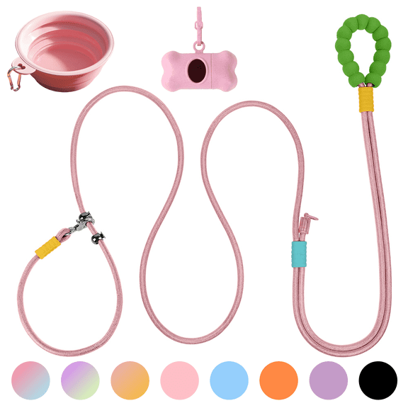 5-in-1 8.2'Multifunctional Dog Leash, Hands-Free Waist/Shoulder Strap, P-Rope for Large Dogs with Collapsible Bowl & Poop Bag Holder(8.2 ft, Pink)