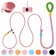 5-in-1 8.2Multifunctional Dog Leash, Hands-Free Waist/Shoulder Strap, P-Rope for Large Dogs with Collapsible Bowl & Poop Bag Holder8.2 ft, Pink