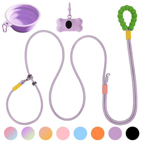 5-in-1 8.2'Multifunctional Dog Leash, Hands-Free Waist/Shoulder Strap, P-Rope for Large Dogs with Collapsible Bowl & Poop Bag Holder(8.2 ft, Purple)
