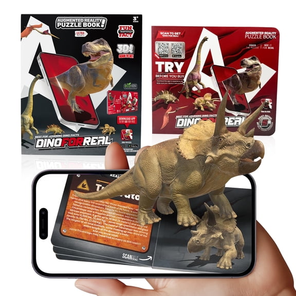 5-in-1 AR Dinosaur Puzzle Book for Kids 3-8, 3D Augmented Reality Interactive STEM Learning Toy with App, Educational Jigsaw Puzzle Set with Audio Narration