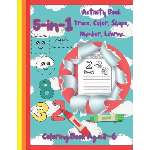 5 in 1 Activity Book Trace, Color, Shape, Number, Learn: Drawing and Learning Made Easy: A Multi-Activity Guide for Youn, (Paperback)