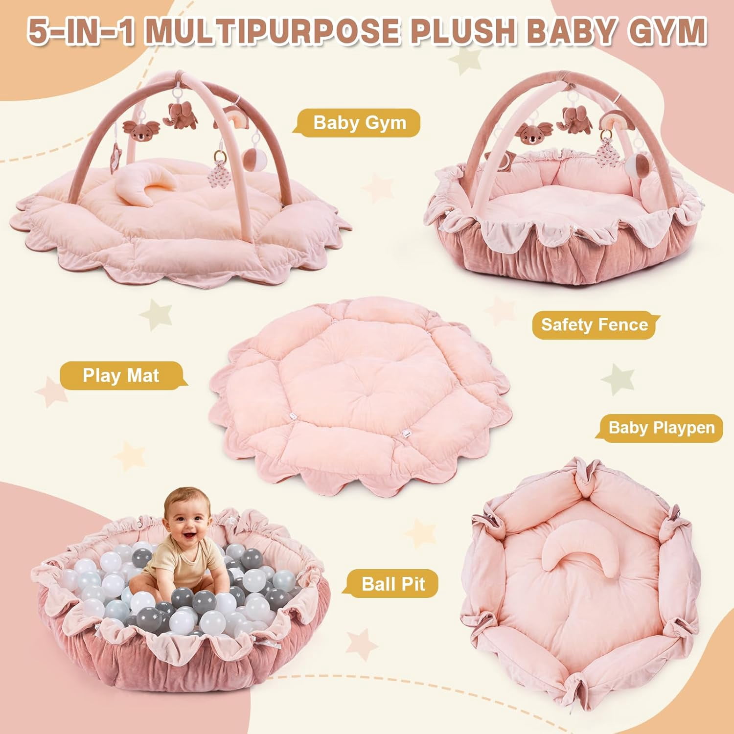 5-in-1  Activity Gym &  Mat with 6 Hanging Toys, Tummy  Pillow & Cards -  Large, Reversible  Washable Pad - Gift for Newborns, Infants 0-12 Months, Pink