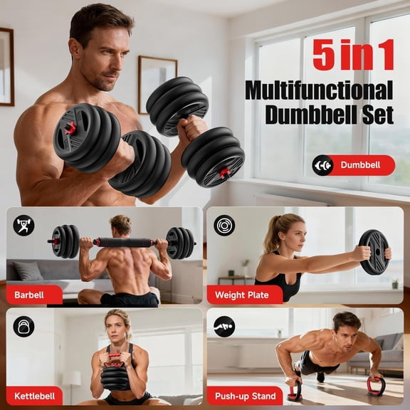 5-in-1 Adjustable Dumbbell Set 20/30/45/70/90lbs Free Weight Kit with Double Locknut Barbell Kettlebell Push Up Stand Weight Plate Home Gym Equipment for Men Women