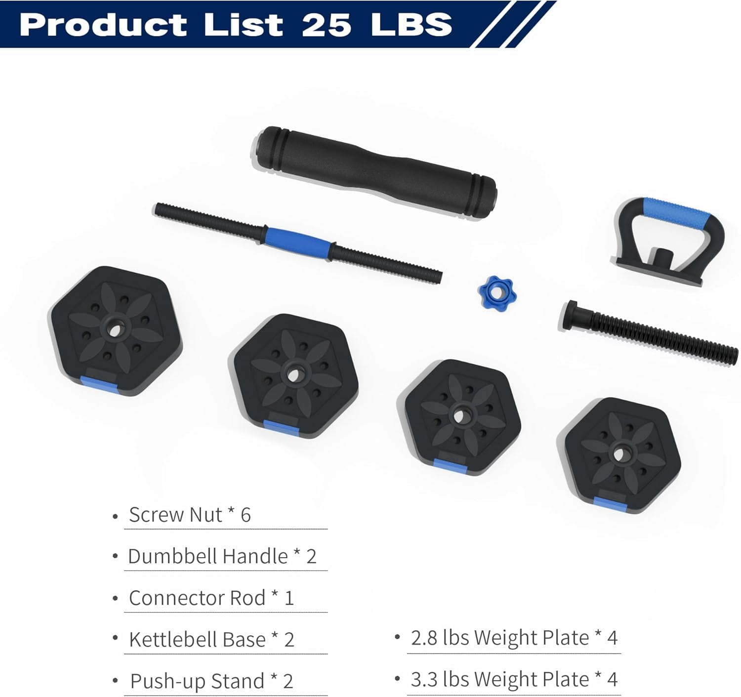 5-in-1 Adjustable Dumbbell Set 25LB, Hexagon Non-Rolling Free Weights with Connector Barbell for Home Gym, Steel Core Foam Grip Strength Training Equipment