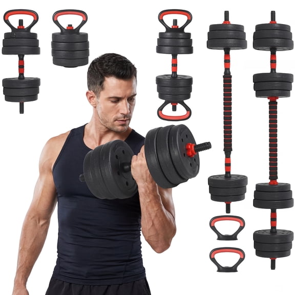 5-in-1 Adjustable Dumbbell Set Free Weights for Strength Training Converts to Barbell, Kettlebell & Push-Up Stand Space-Saving, Ergonomic, Anti-Slip Home Gym Equipment Black+Red