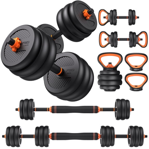 5-in-1 Adjustable Dumbbell Weight Set 20/30/40/45/70/90 Lbs with Connecting Bar, Convertible to Barbell, Kettlebell, Push-Up Stand & Weight Plates, Multi-Function Home Gym Fitness Weights for Men Wom