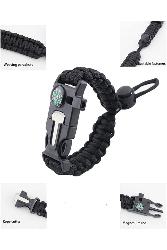 5 in 1 Adjustable Paracord Emergency Bracelet Fire Starter, Compass, Whistle, and More
