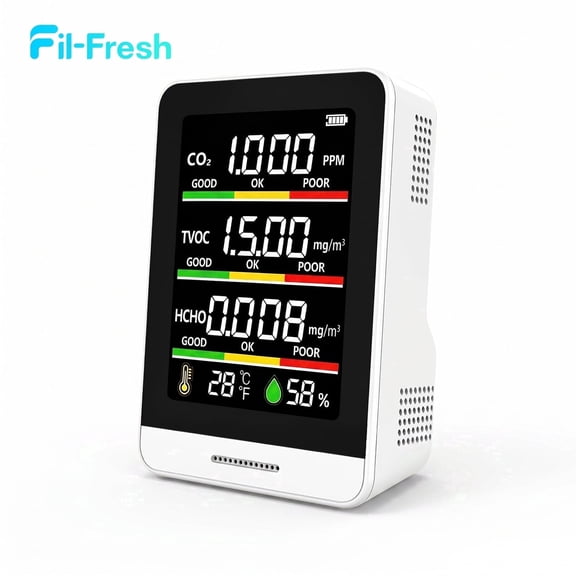 Fil-fresh 5 in 1 Air Quality Monitor Indoor with Real-Time Temp, Humidity & Clock Display Portable CO2 AQI Detector for Home, Office, Car