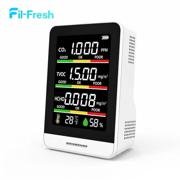 Fil-fresh 5 in 1 Air Quality Monitor Indoor with Real-Time Temp, Humidity & Clock Display Portable CO2 AQI Detector for Home, Office, Car