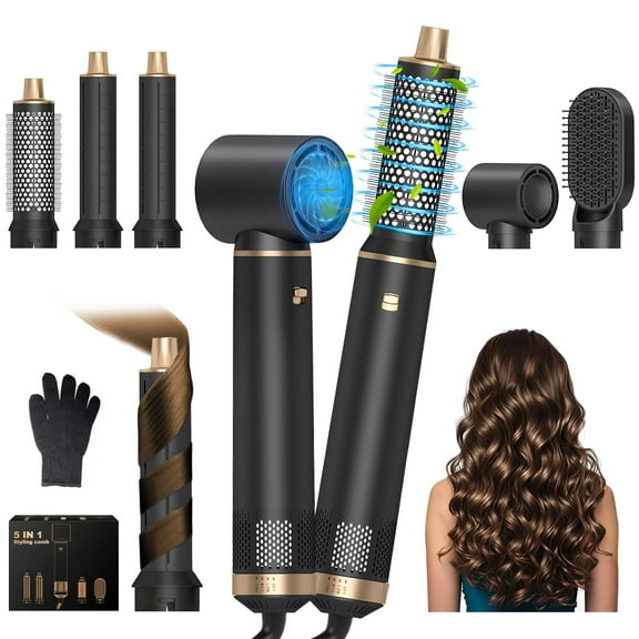 5-in-1 Air Styler for Long Hair, Blow Dryer Brush + Auto Curling Wands, Ionic Hair Straightener & Curler with 3 Heat Settings, 200M Negative Ions, Womens Gift