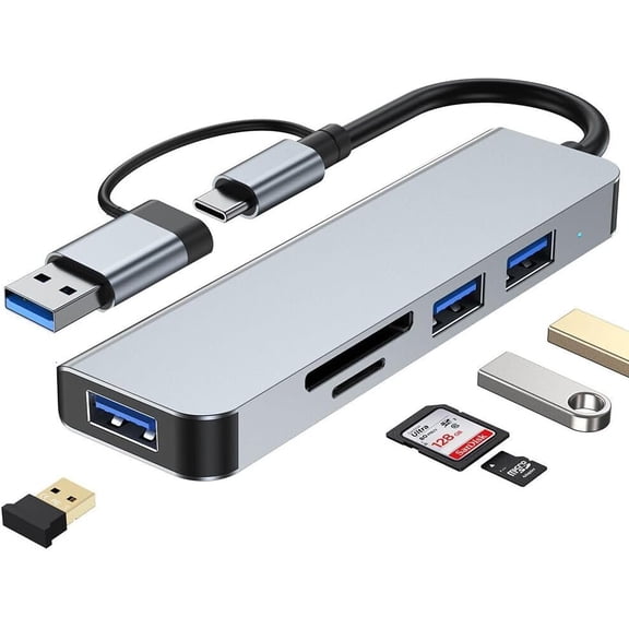 5 in 1 Aluminum USB-C Hub with Memory Card Reader and 3 USB 3.0 Ports, for PC, Laptops, MacBook Pro/Air, iMac Pro, Surface and Tablet
