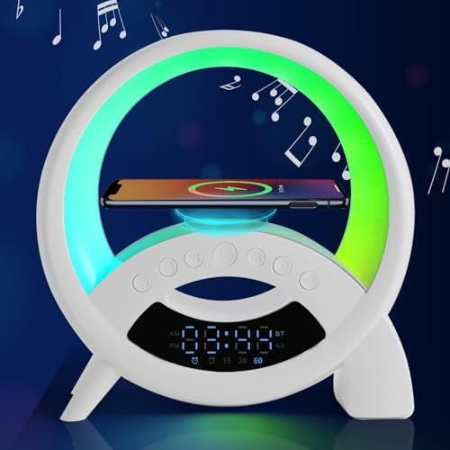 5-in-1 Atmosphere LED Lamp Inteligent Night Light 15W Wireless Charger, Bluetooth Speaker, Alarm Clock Portable Speaker Neonlight Built-in Battery, Bedroom Decor (Q Shape)