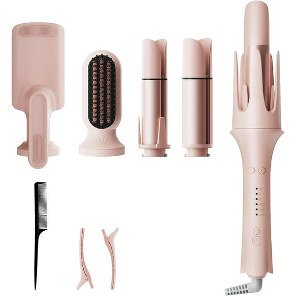 5-in-1 Automatic Curling Iron Set, Interchangeable Hair Styler with 3 Rotating Barrels, Straightening Brush & Wave Wand for All Hair Types, Dual Voltage
