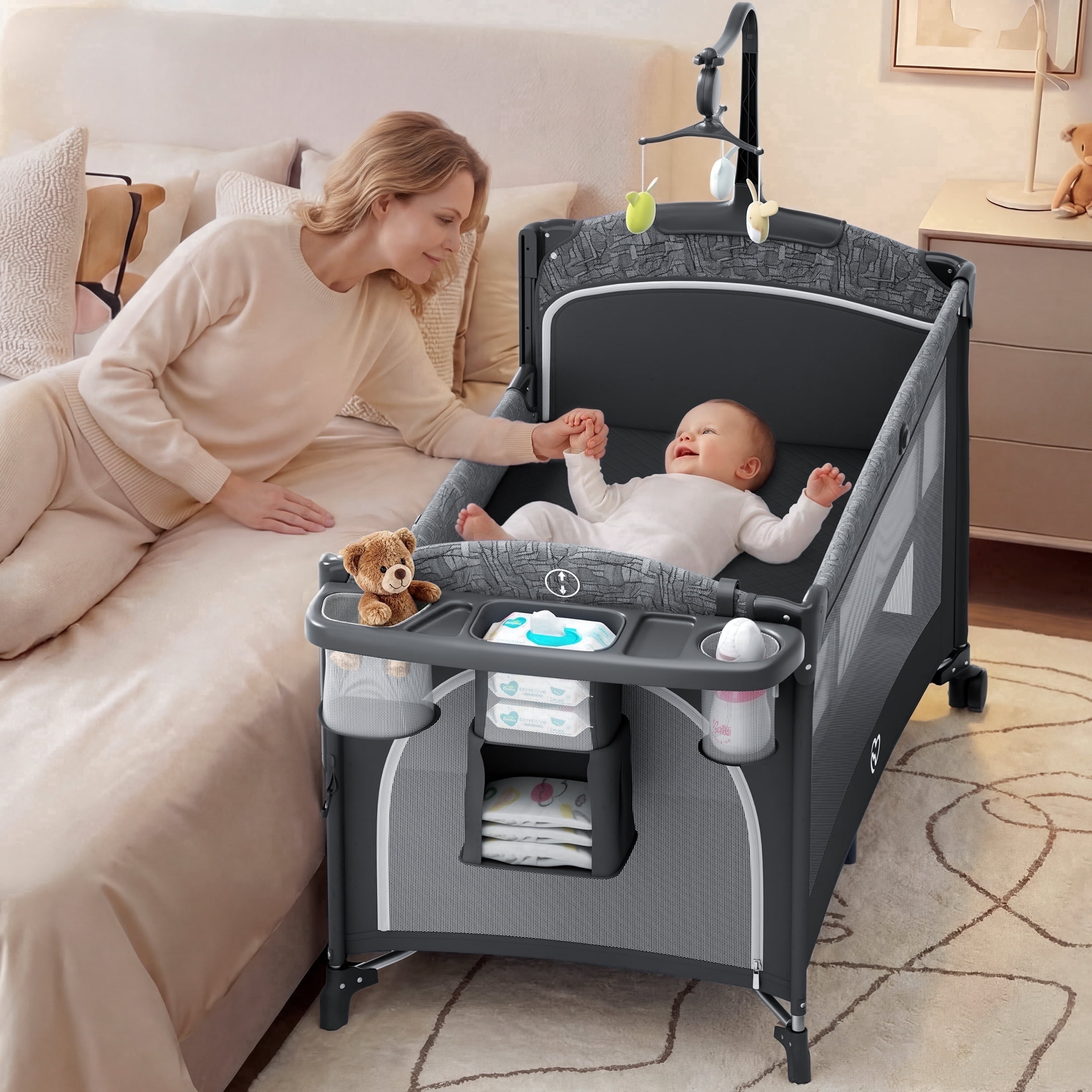 5 in 1  Pack and Play, Easy Folding Portable Playards,  Baby Bassinet Bedside Crib with Mattress, Diaper Changer and Music Mobile