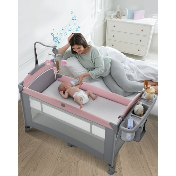 5 in 1 Baby Bassinet Bedside Crib, Easy Folding Portable Playards, Pack and Play with Mattress, Diaper Changer and Music Mobile Pink